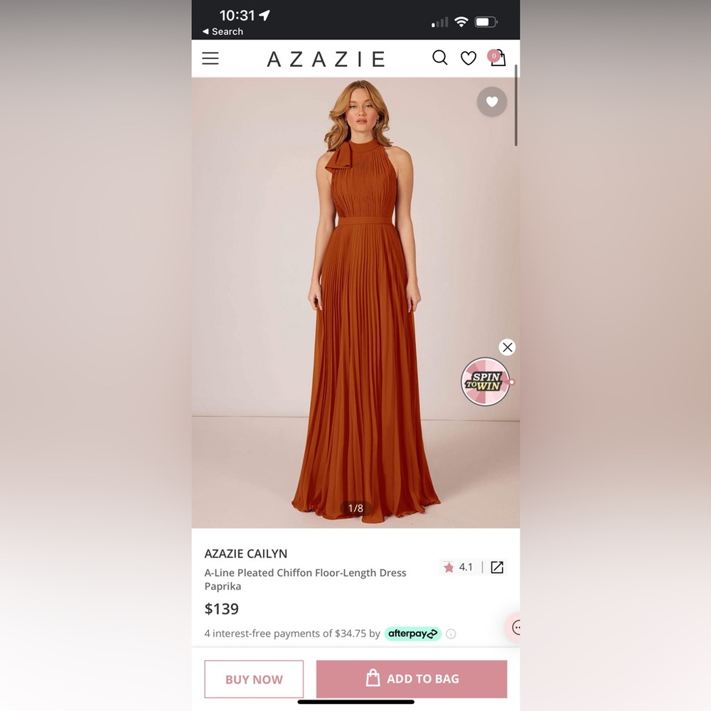 AZAZIE CAILYN
A-Line Pleated Chiffon Floor-Length Dress Paprika; size A4